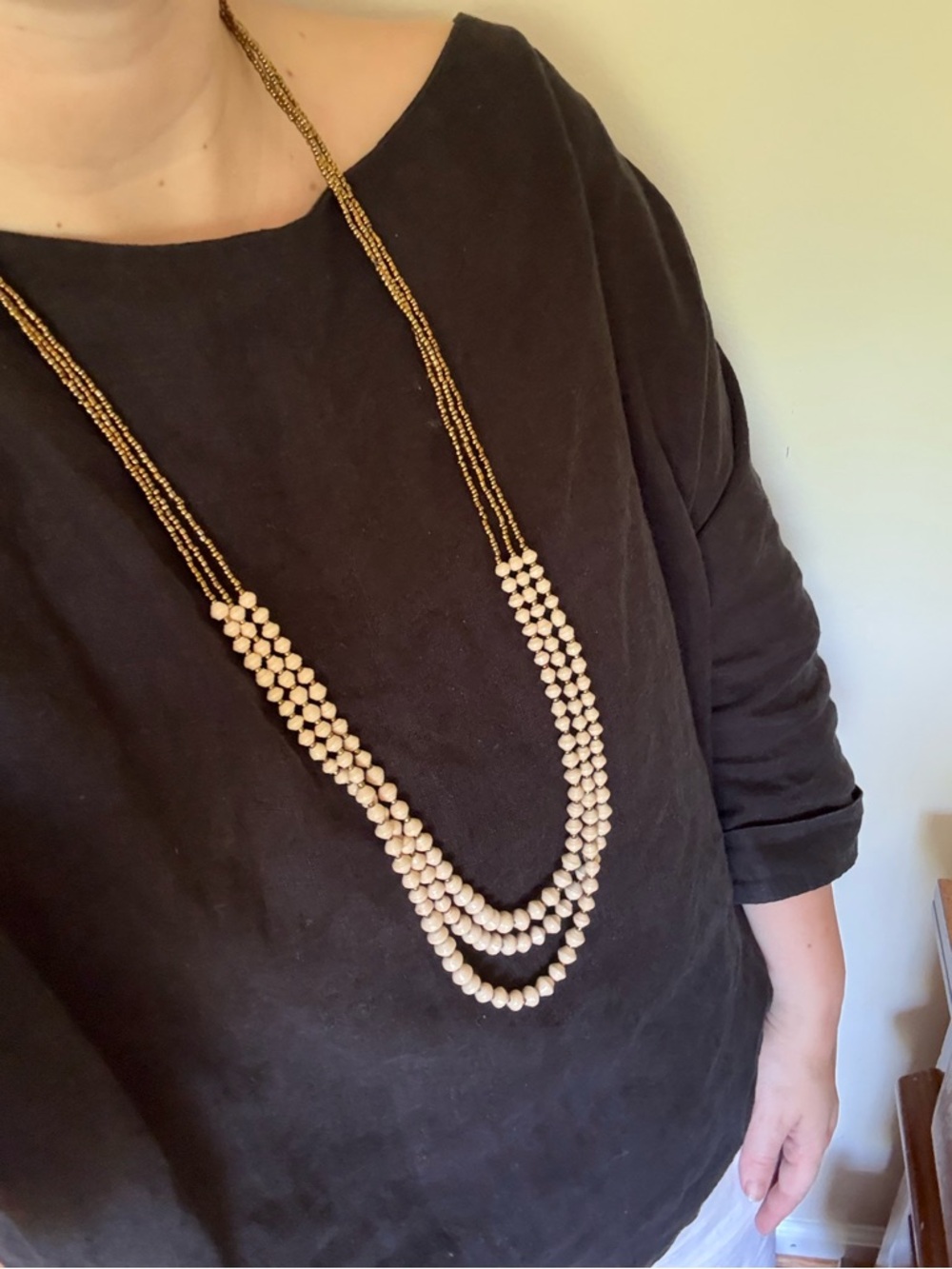 Beaded Layered Necklace - Cream and Gold Tone